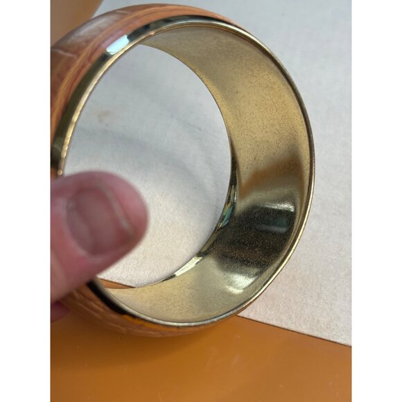 Gold-Tone Wide Bangle Bracelet With Faux Croc Embossed Orange Leather Design - Picture 4 of 7